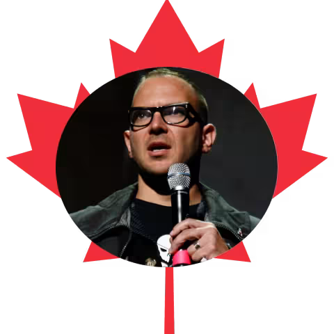 Circular headshot of Cory Doctrow holding a microphone, superimposed on a red Maple Leaf