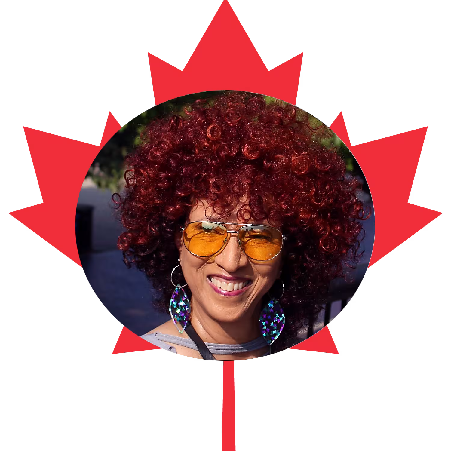 Linda Addison circular headshot superposed on top of a red Maple Leaf